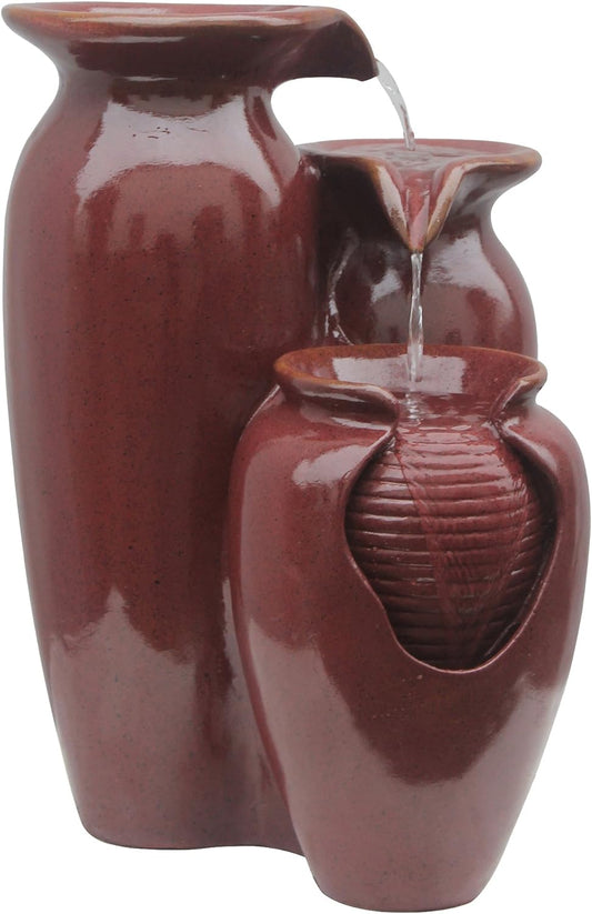 Teamson Home Jar 3 Tiered Floor Waterfall Fountain with Pump for Outdoor Patio Garden Backyard Decking, 20 Inch Height, Brown