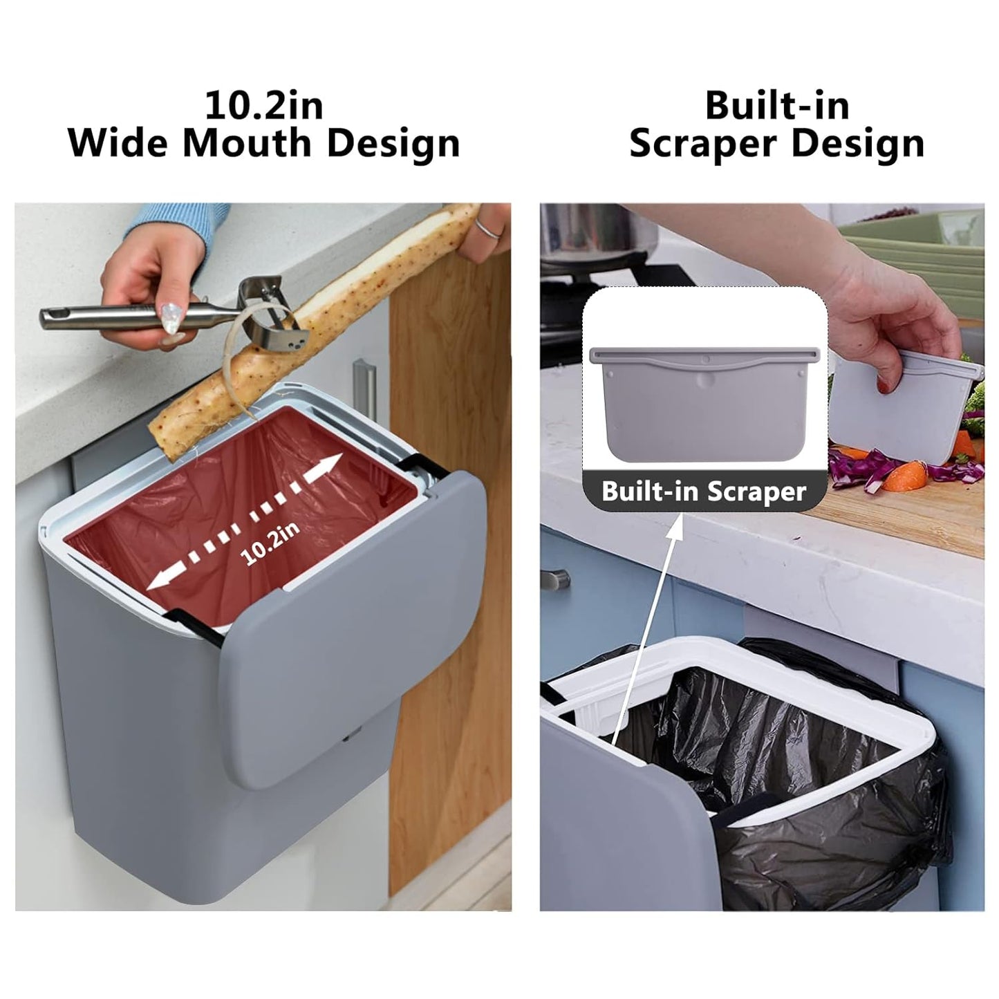 TOPROAD Kitchen Hanging Trash Can, 2.4 Gallon Wall Mounted Counter Waste Compost Bin, Small Garbage Can with Lid for Cupboard/Bathroom/Bedroom/Office/Camping/Under Sink(Grey)