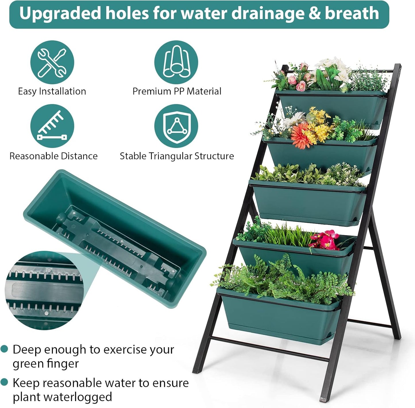 Giantex Vertical Planter Raised Bed, Elevated Garden Beds with Water Drainage Hole, Freestanding 5 Container Boxes for Herb Vegetables Flowers Growing, Outdoor Indoor Patio Balcony (Green, 1)