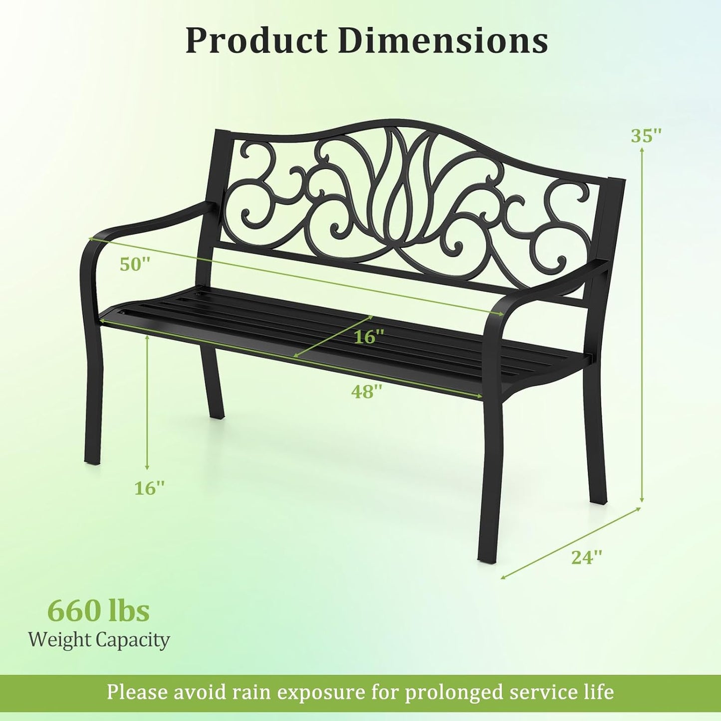 Tangkula 50 Inches Outdoor Garden Park Bench, Cast Iron Metal Front Porch Loveseat with Floral Design Backrest and Slatted Seat, Patio Bench with Armrests for Outside, Yard and Lawn, Black