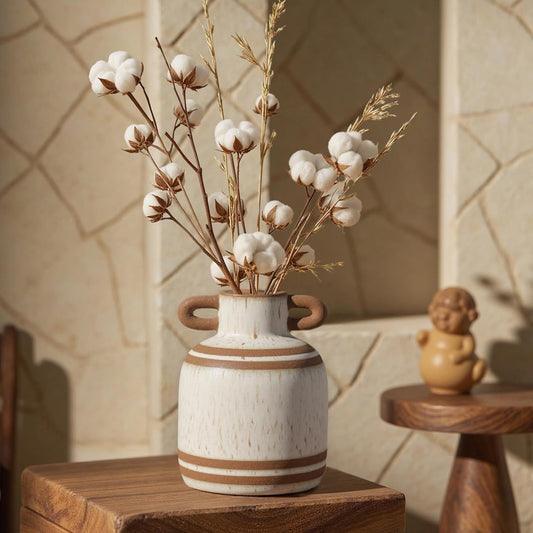 Rustic Farmhouse Ceramic Vase, Pastoral with 2 Ear Design, Boho Vintage Terracotta Vases for Bouquet、Fake Plants, Suitable for Home Decor, Shelf, Dining Table, Living Room, Mantle, Bathroom, 5.9 Inch