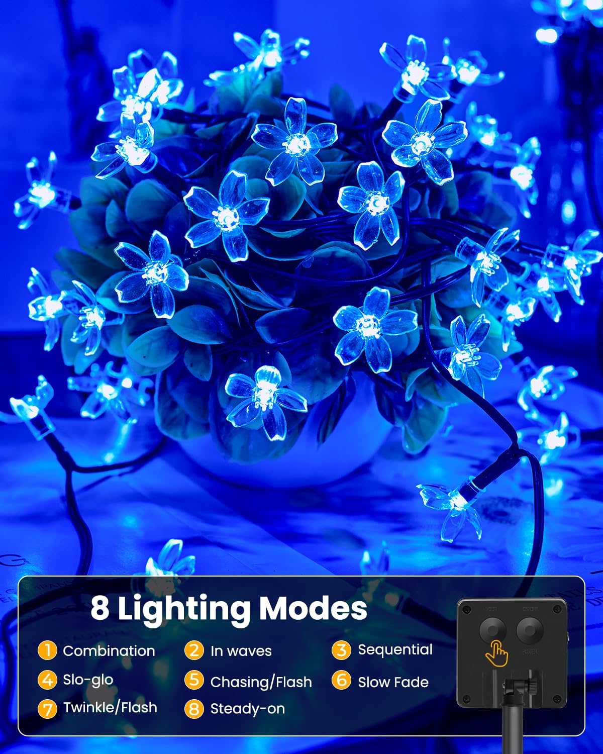 Brightown 60 LED Solar Flower String Lights for Outside Waterproof Fairy Lights for Garden Yard Fence Patio Christmas Tree Wedding Party Decor, Blue