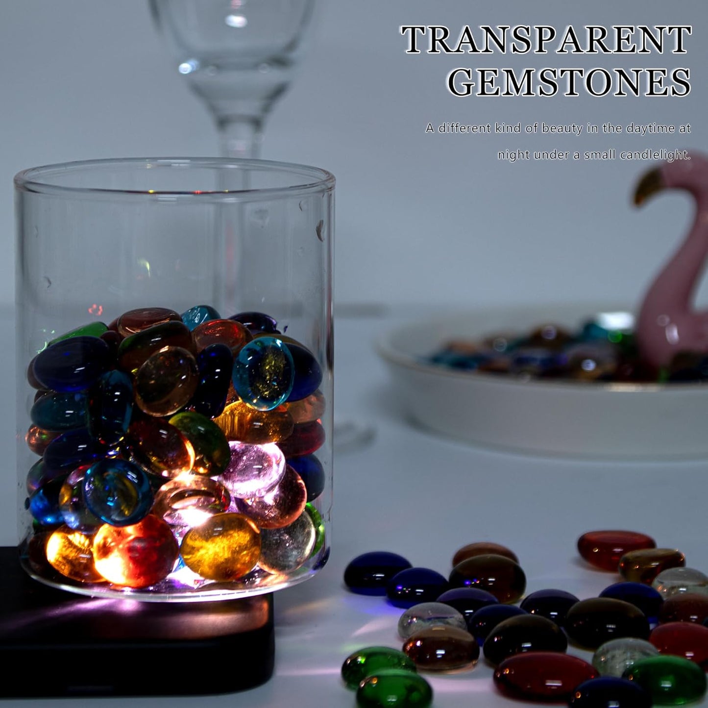 1LB Mini Glass Gems,Mixed Colour Mancala Stones Flat Bottom Marble Beads for Home Decorative Art Craft Vase Filler(0.5"~0.7")