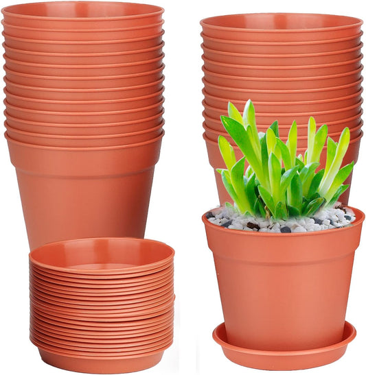 24 Pcs 4 Inch Plant Pots with Drainage Holes and Saucers for Indoor Plants, Plastic Small Flower Nursery Pots Seed Starting Pots for Plants Succulent, Terracotta