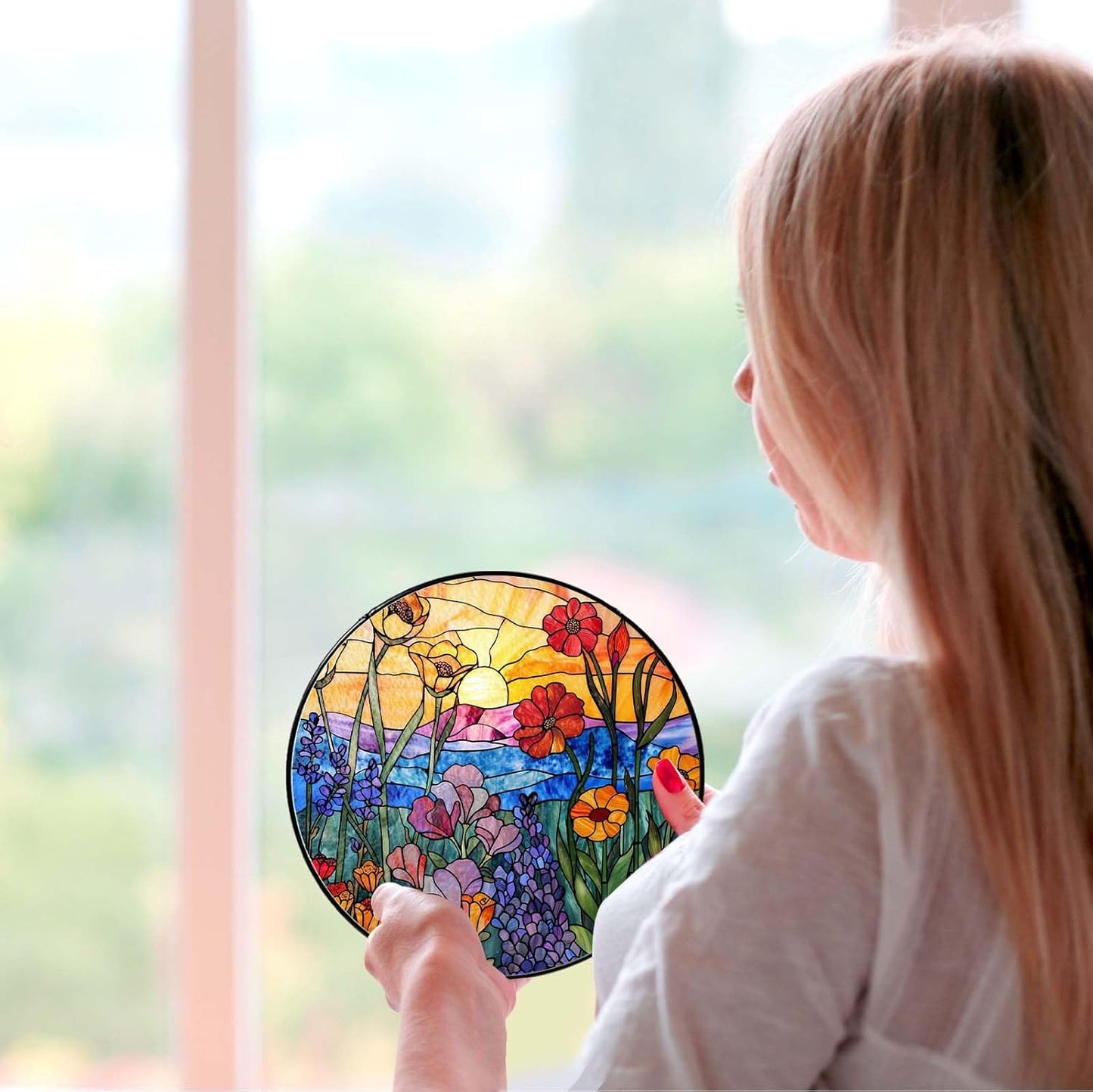 Wildflowers Sun Catcher Stained Glass Window Hanging Plant Lover Gifts for Women Wildflowers Wall Decor Handmade Sun Catcher Decoration for Garden Home Housewarming Gifts（6 inch）