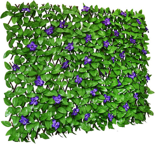 Expandable Fence Privacy Screen for Balcony Patio Outdoor,Decorative Faux Ivy Fencing Panel,Artificial Hedges (Single Sided Leaves) (1, Green Flowers)