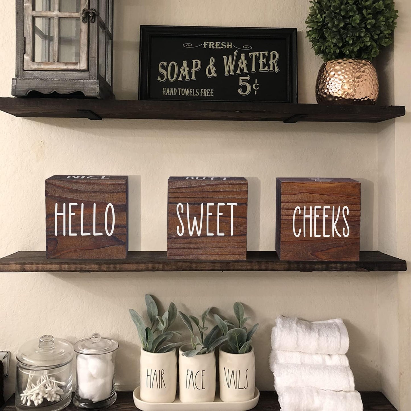 Farmhouse Bathroom Decor, Wooden Cute Restroom Home Decoration, Funny 4-Sided Mordern Rustic Bathroom Blocks, Nice Butt&Get Naked&Hello Sweet Cheeks&Wash Your Hands Sign, Brown 2.8"
