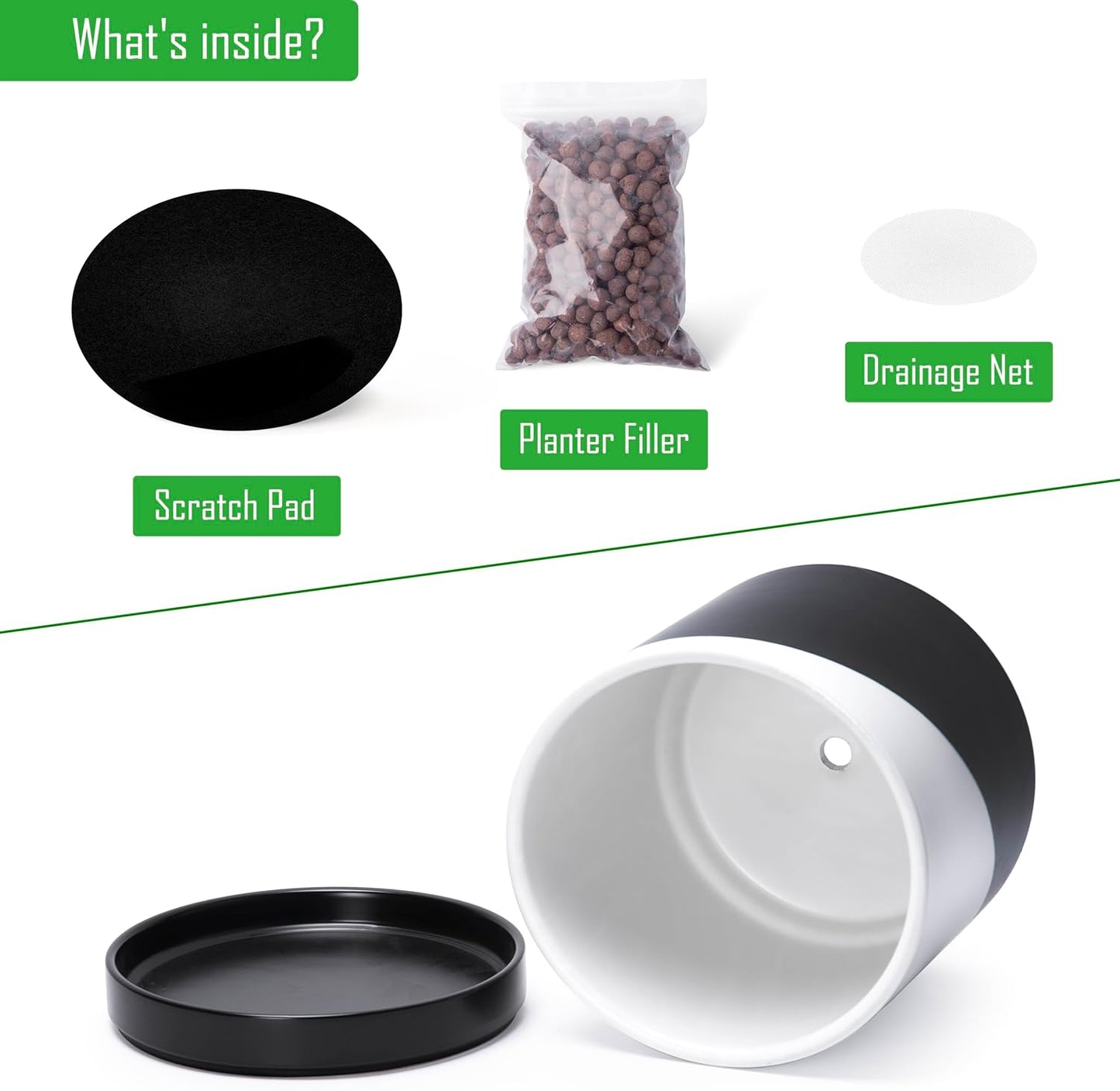 D'vine Dev 6.5 Inch Ceramic Planter Pot with Drainage Hole and Saucer, Indoor Cylinder Round Planter Pot, Oblique Monochrome Black and White, 94-O-C-K