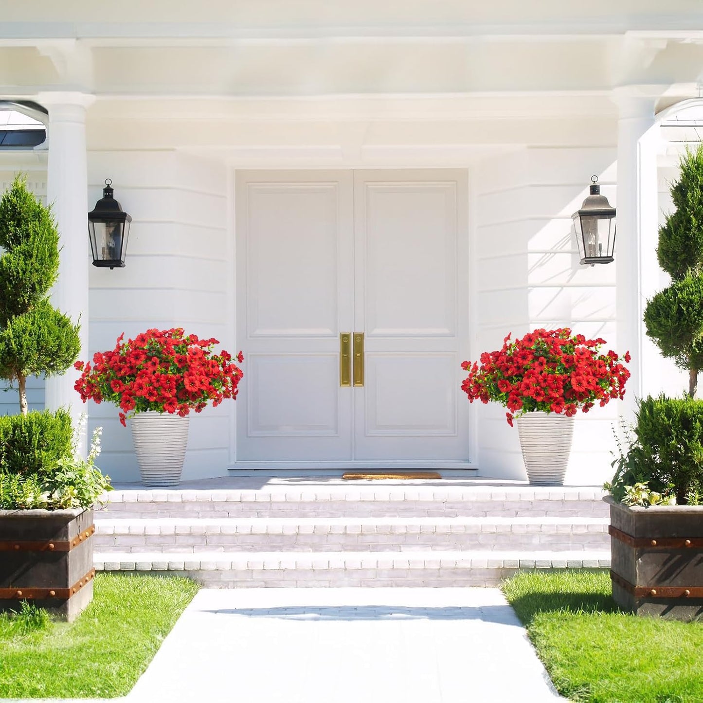 Artificial Fake Flowers for Outdoor Spring Decoration, 16 Bundles Faux Silk Colorful Daisy UV Resistant Realistic for Outside Porch Patio Home Yard Garden Planters Pots Window Box (Red)