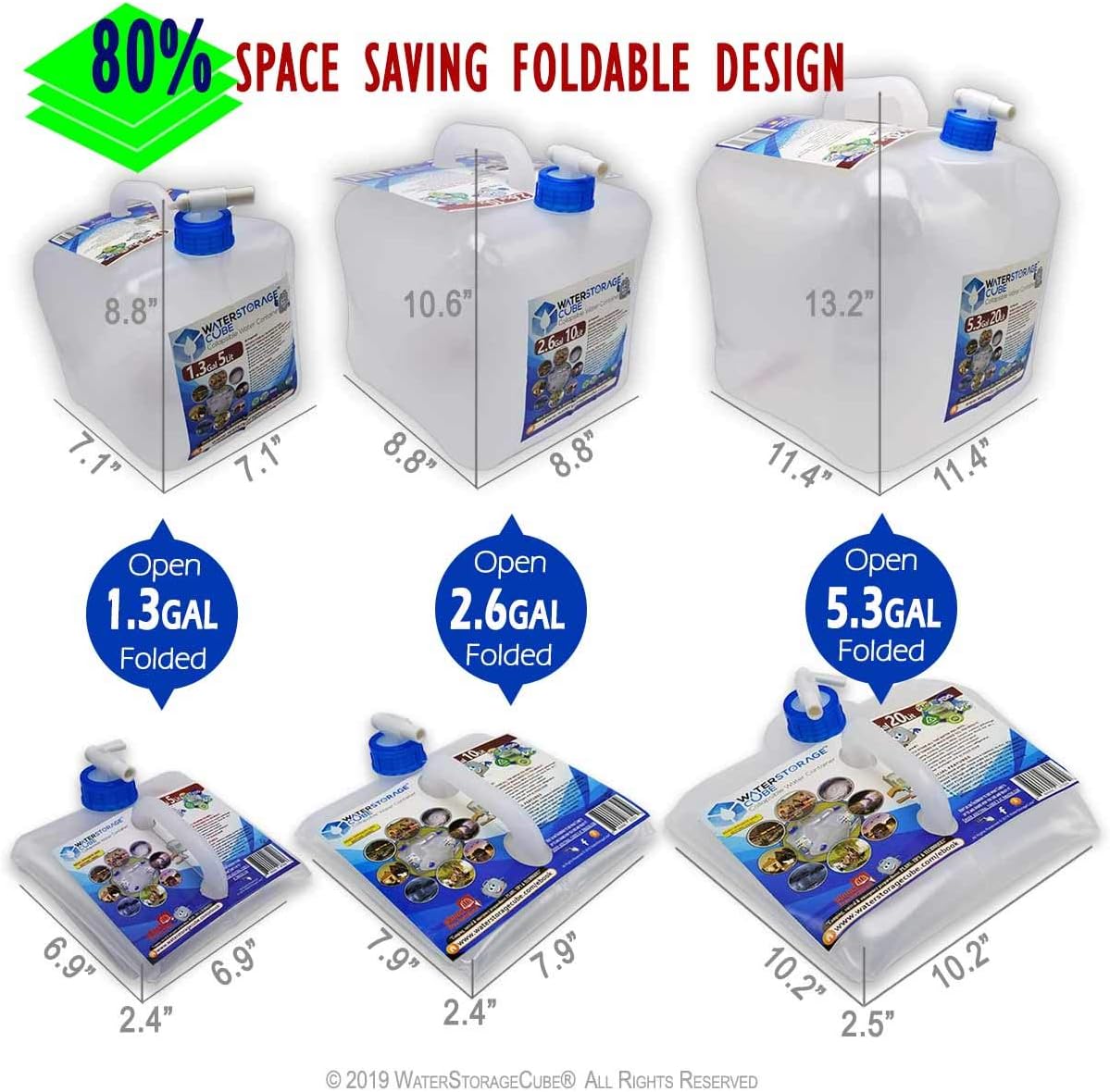 WaterStorageCube BPA Free Collapsible Water Container with Spigot, Camping Water Storage Carrier Jug for Outdoors Hiking Backpack & Survival Kit, Foldable Portable Water Canteen 1.3/2.6/5.3 Gallon