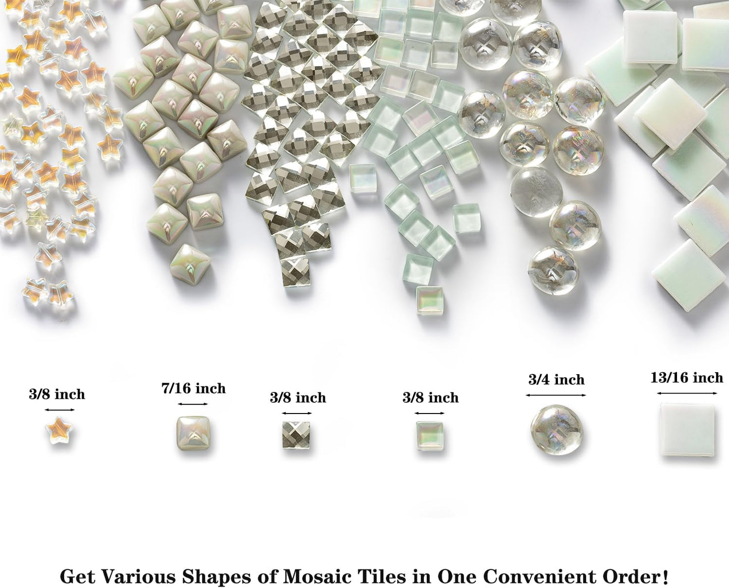 Lanyani 430Pcs Iridescent White Glass Mosaic Tiles Variety Styles Mosaic Tiles Pieces Bulk Shimmering Crystal Tile for Glass Crafts and DIY Decorations, 1.2 Pounds Pack