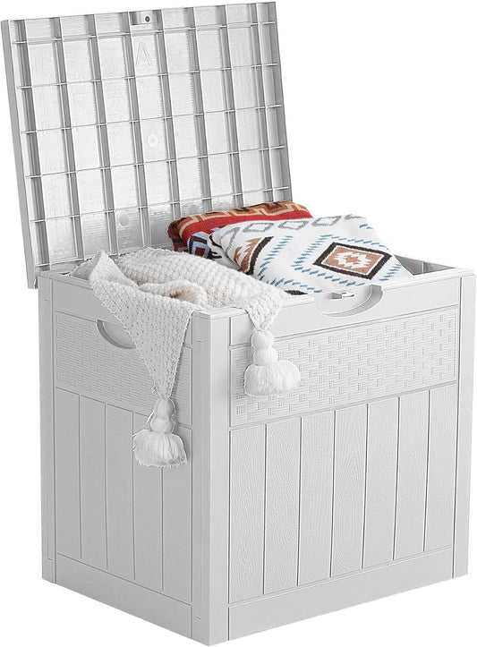33 Gallon Deck Box, Small Outdoor Storage Box Waterproof, Lockable Secure Package Bin Delivery Box for Outside Front Porch, Patio Cushions Storage Box, Delivery Driver Snack Box for Porch, White