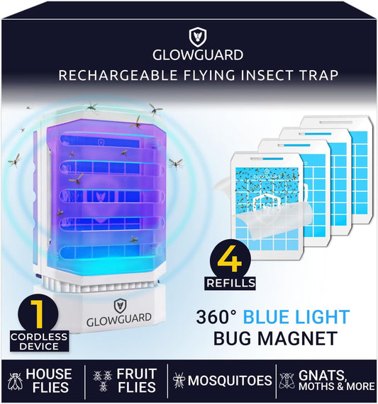 GlowGuard Cordless Flying Insect Trap Catches Fruit Flies, Indoor Gnat Killer, Magnet for Moths & Mosquitos in Dark, 1 Rechargeable Bug Trap + 4 Dual-Sided Sticky Pad Refills, 30hr Battery (White)