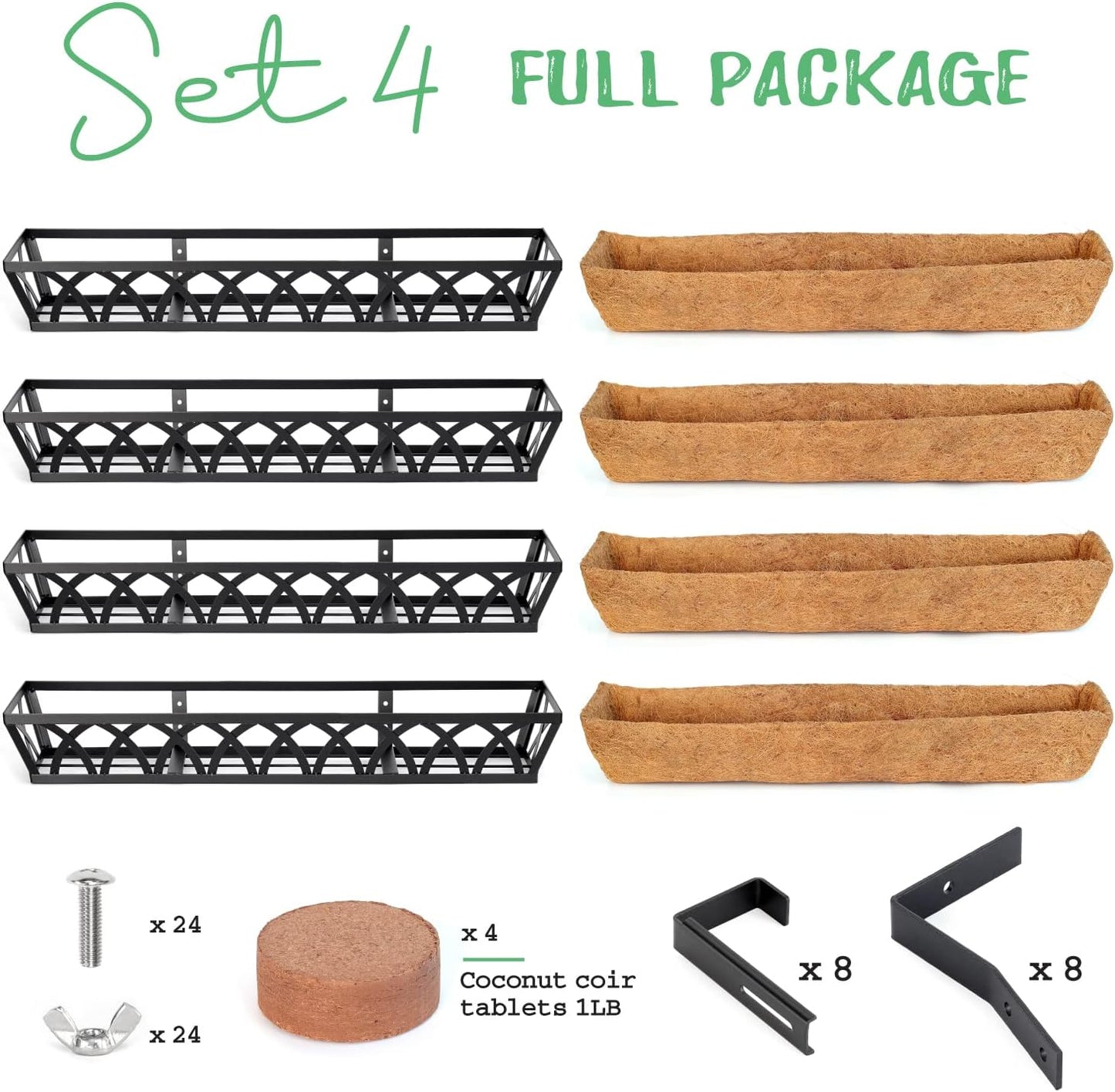 Window Box Railing, 32 Inch Black Metal Hanging Flower Planter Basket with Coco Liner for Outdoor Balcony Porch Fence Patio for Home, Office and Hotel (Black - 4 Pcs/Set)