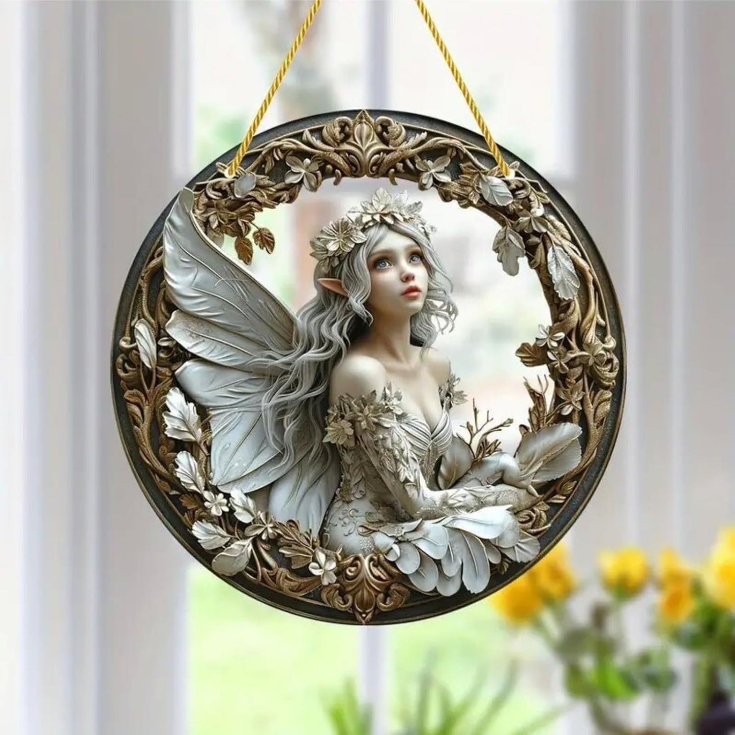 Flower Fairy Garden Decorations Angel Wing Christmas Halloween Deco Statue Art Elf Sculpture Hanging Craft for Outdoor Yard Courtyard Lawn Patio Window Acrylic Ornament Home Gift (D,L: 8*8 IN)