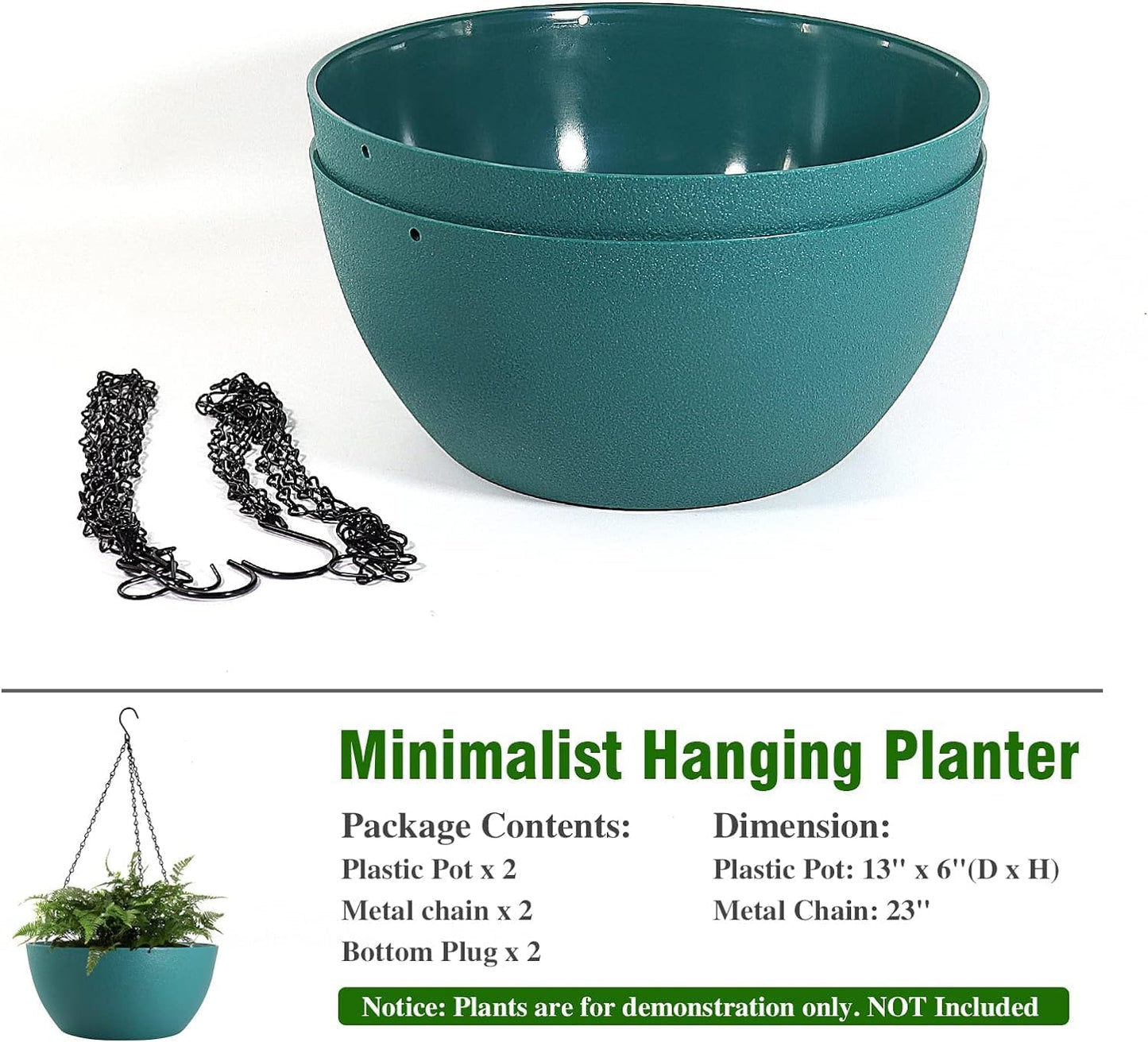 13 inch Large Hanging Planters Plant Pots for Outdoor Indoor Plants with Drainage Holes and Chain, 2 Pack Round Hanging Flower Pots for Garden Home Porch Decor, Blue Green