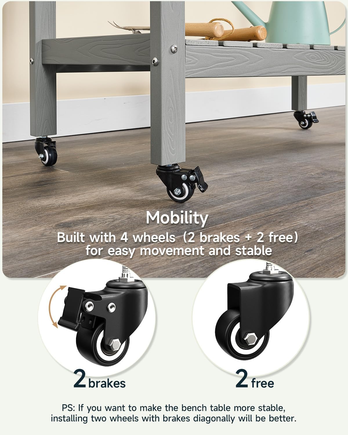 HDPS Outdoor Potting Bench with Sliding Tabletop/ 4 Wheels/Removable Sink, All-Weather Outside Garden Work Table, No Rust/Fade/Break, Potting Station for Porch, Patio & Backyard (Grey)