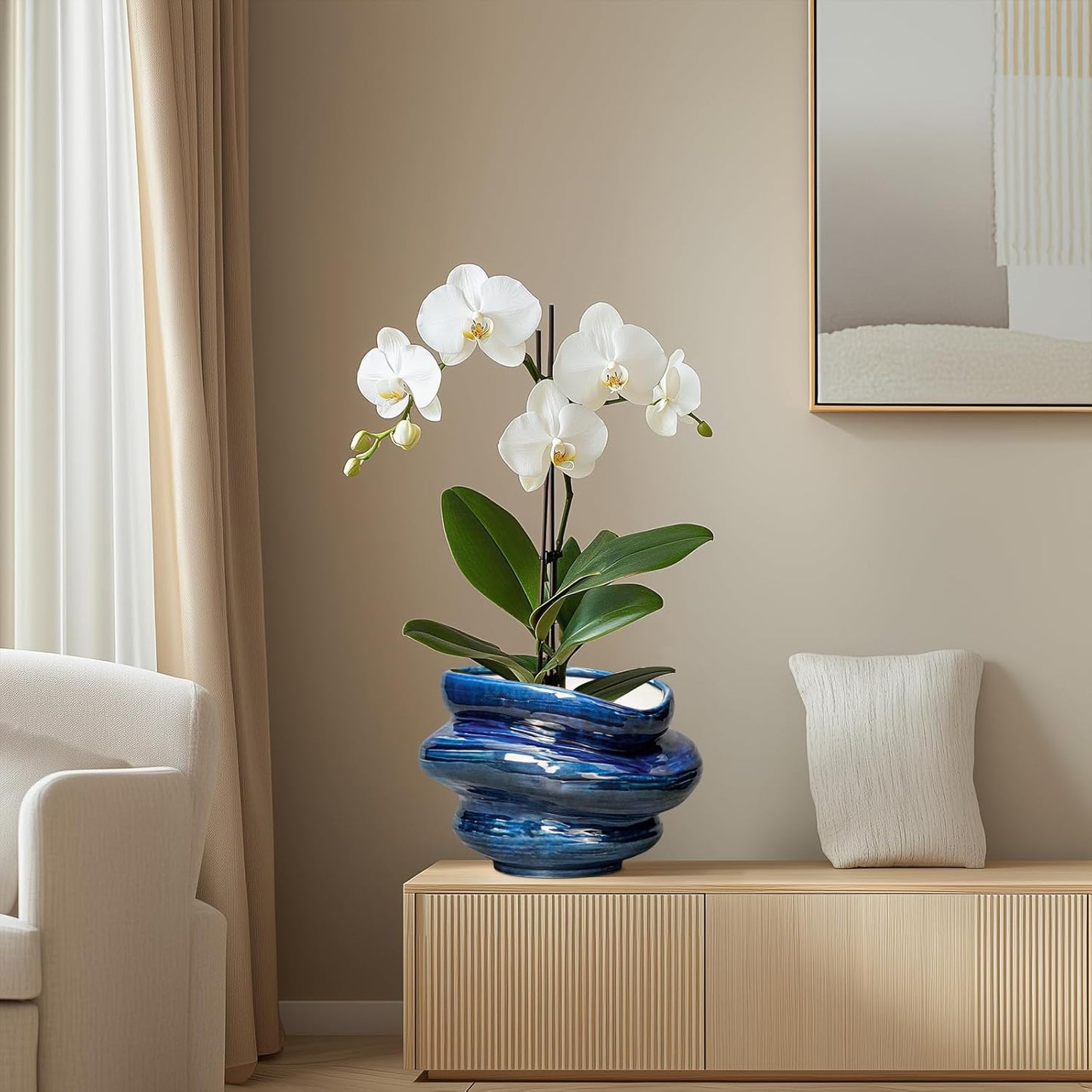 Ceramic Pots for Plants - 11 Inch Ceramic Planter with Drainage Hole, Decorative Planters for Indoor Outdoor, Unique Flower Pots, Garden Office House Decor, Birthday Housewarming Gifts, Blue