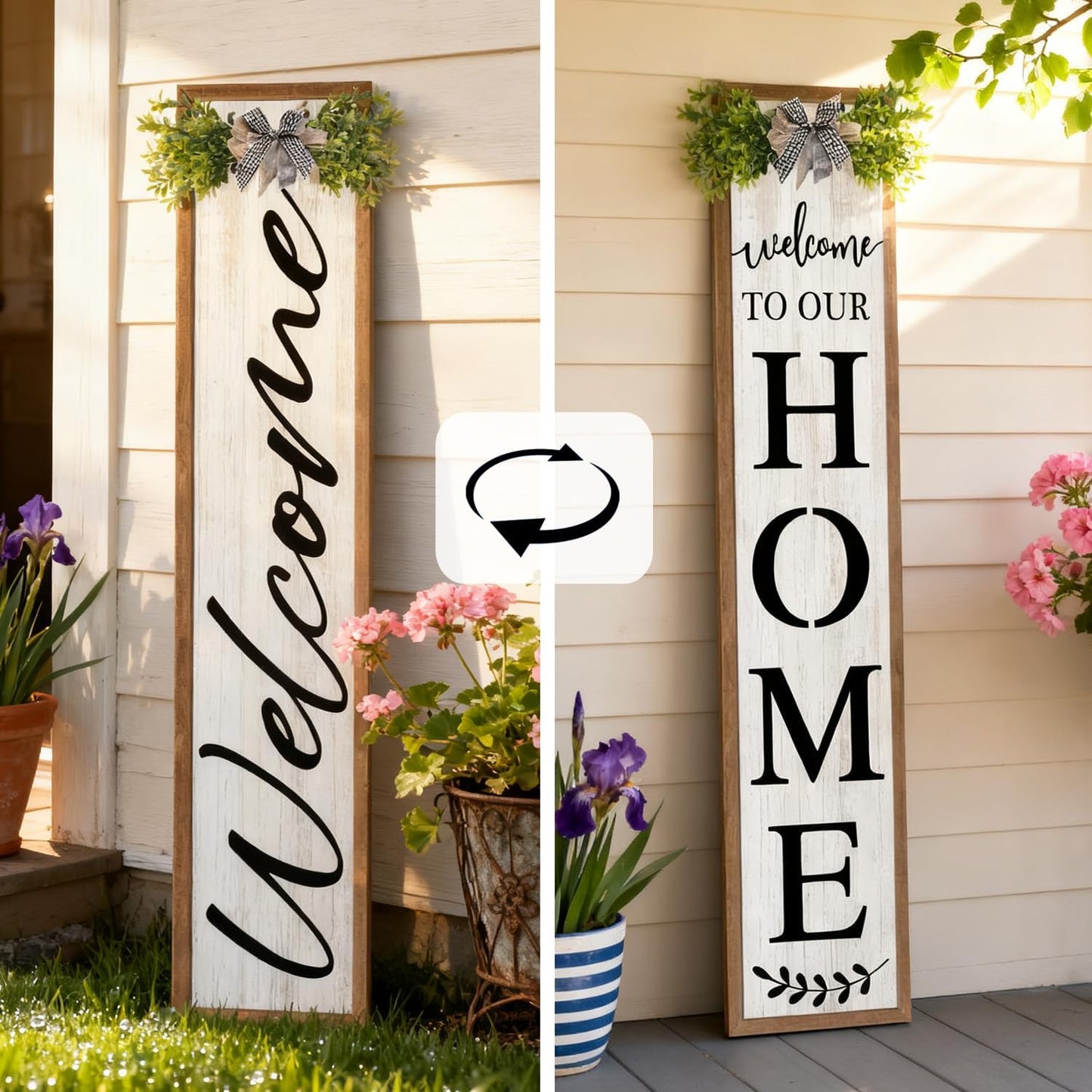 Double-sided Welcome to Our Home Wooden Sign Stand with Magnetic-adhesive Wreath for Front Door, 47" Vertical Farmhouse Welcome Porch Sign for Outdoor Patio Garden, 2in1 Large Tall Porch Leaner Decor