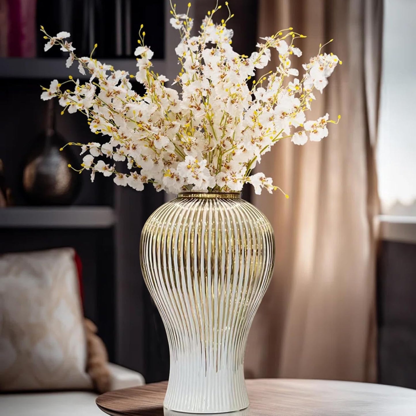 Ginger Jar, White Gold Ceramic Vase Large Handmade Porcelain Vases with Lid, White Gold Decorative Flower Vase for Home, Living Room, Weddings, Centerpieces (B-Large)