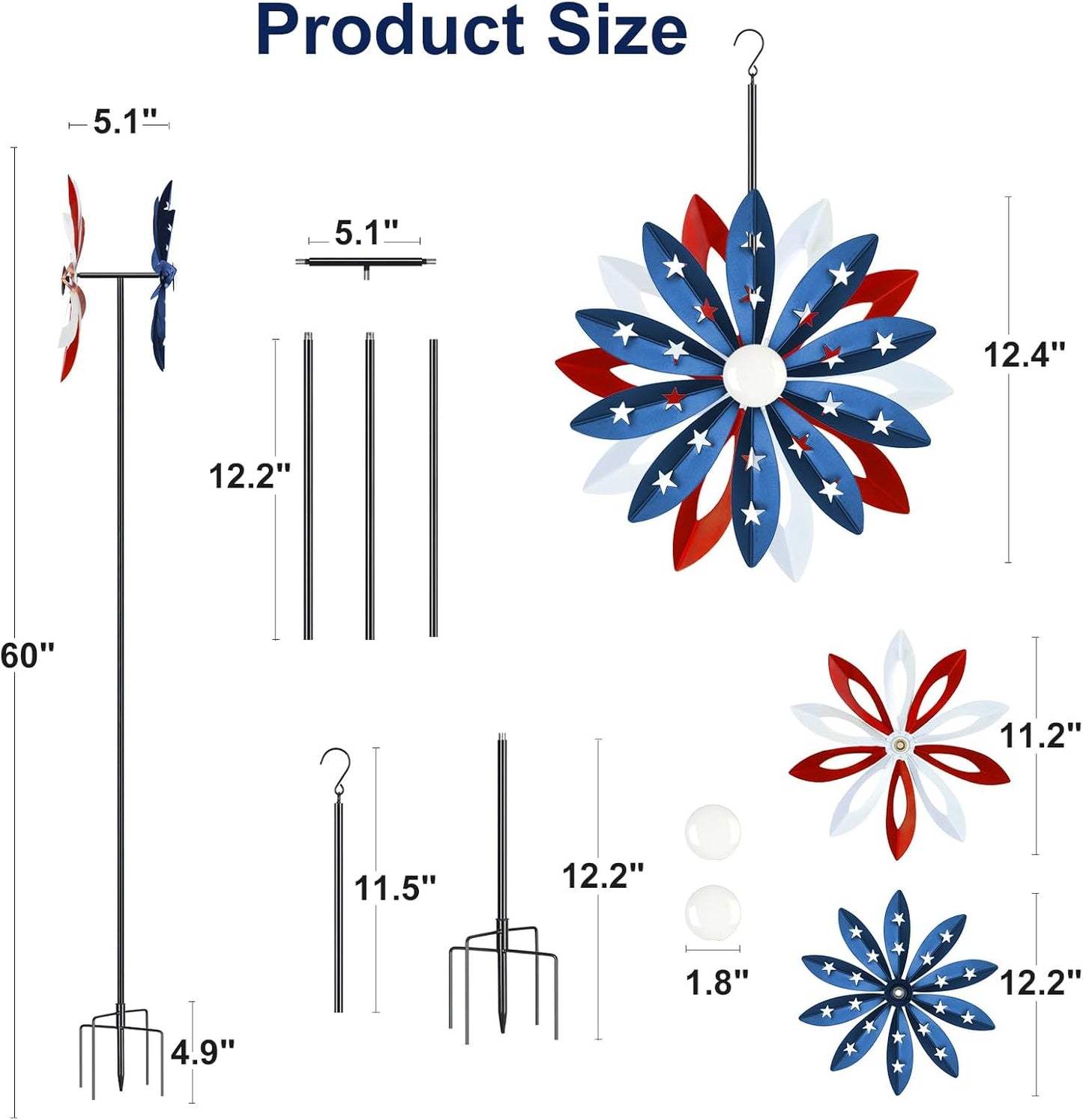 60 inch Kinetic Metal Wind Spinner,Two-Ways Hanging Wind Sculptures with Garden Stake,360 Degrees Kinetic Wind Spinners for Yard and Garden