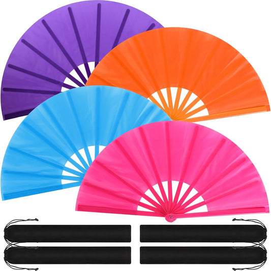 Blulu 4 Pcs 13 Inch Large Folding Hand Fans for Line Dancing Big Clapping Popping Raves Fans Bulk for Dancing Boots on The Ground Festival Party Decoration(Classic Style, Purple, Blue, Orange, Pink)