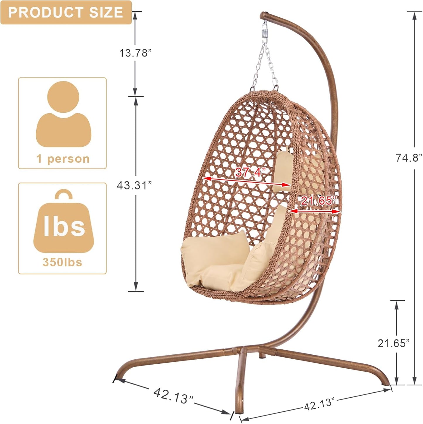 Indoor Hanging Chair with Stand for Bedroom, Hexagon Rattan Wicker Swing Egg Chair for Bedroom Porch Garden Patio Outdoor, Hammock Egg Swing Chair with Cushion,350LBS Capacity (Beige)