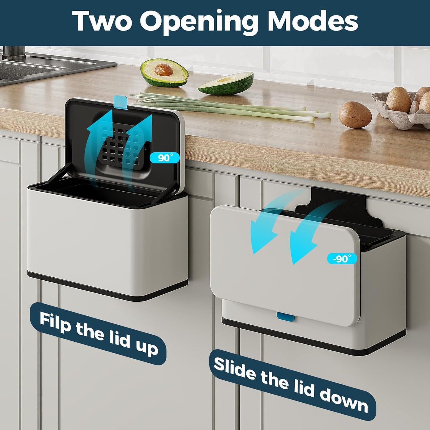 Stainless Steel Hanging Trash Can with Lid and Inner Bucket, 1 Gallon Kitchen Compost Bin for Counter Top, Under Sink or Wall Mount, Small Garbage Can for Cupboard/Bathroom/Bedroom/RV, White