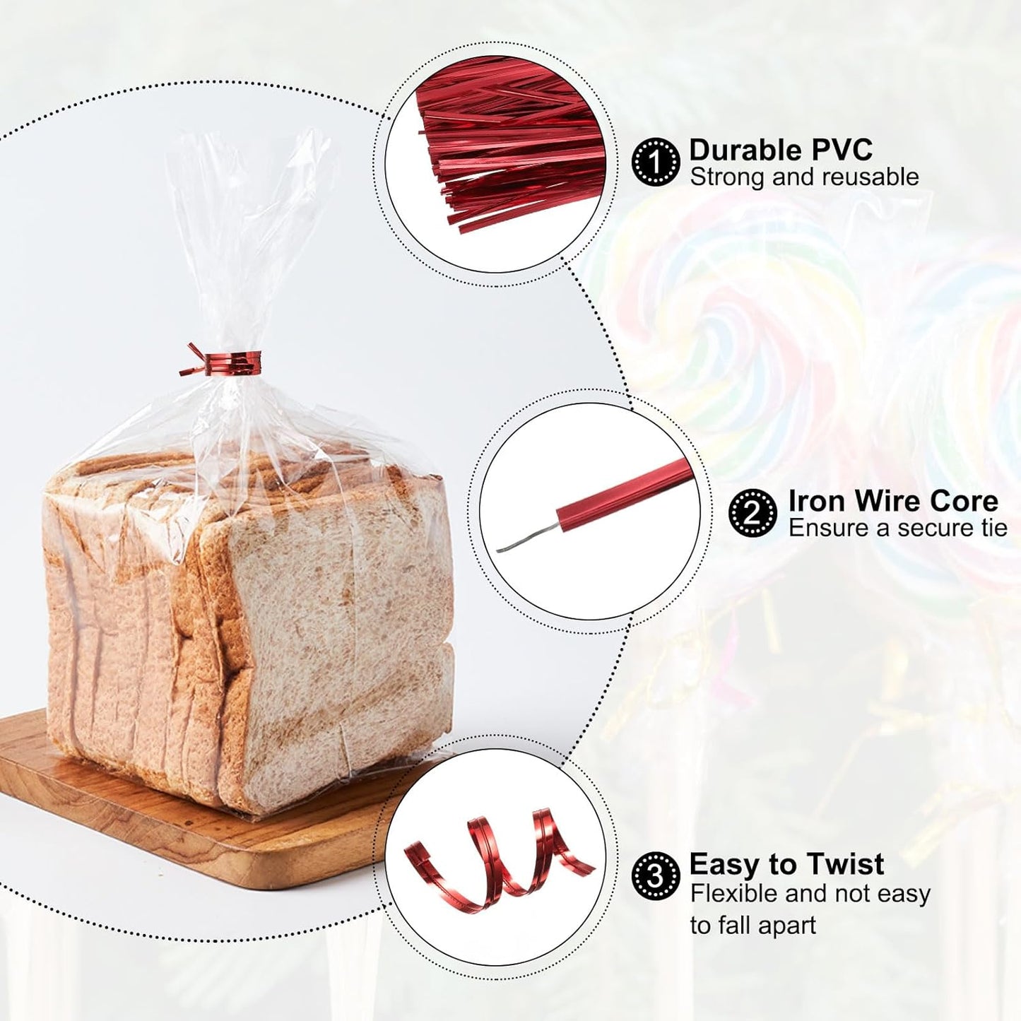 HARFINGTON 800pcs Bag Twist Ties 4.7" Reusable Plastic Metallic Twist Ties Wire Cable Ties for Party Bread Candy Cake, Red