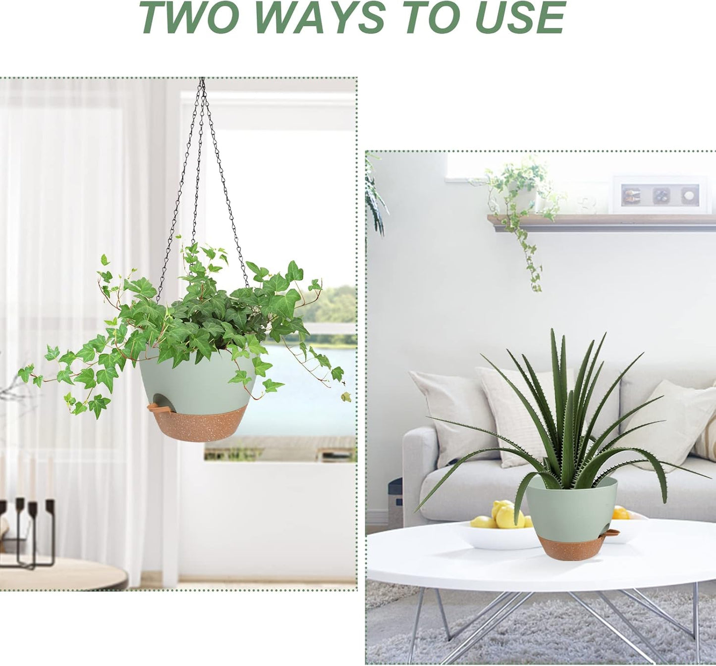 Hanging Planters for Indoor Outdoor Plants, 2 Pack Self Watering Hanging Pot with Drainage Holes & Removable Tray (Green, 6'')