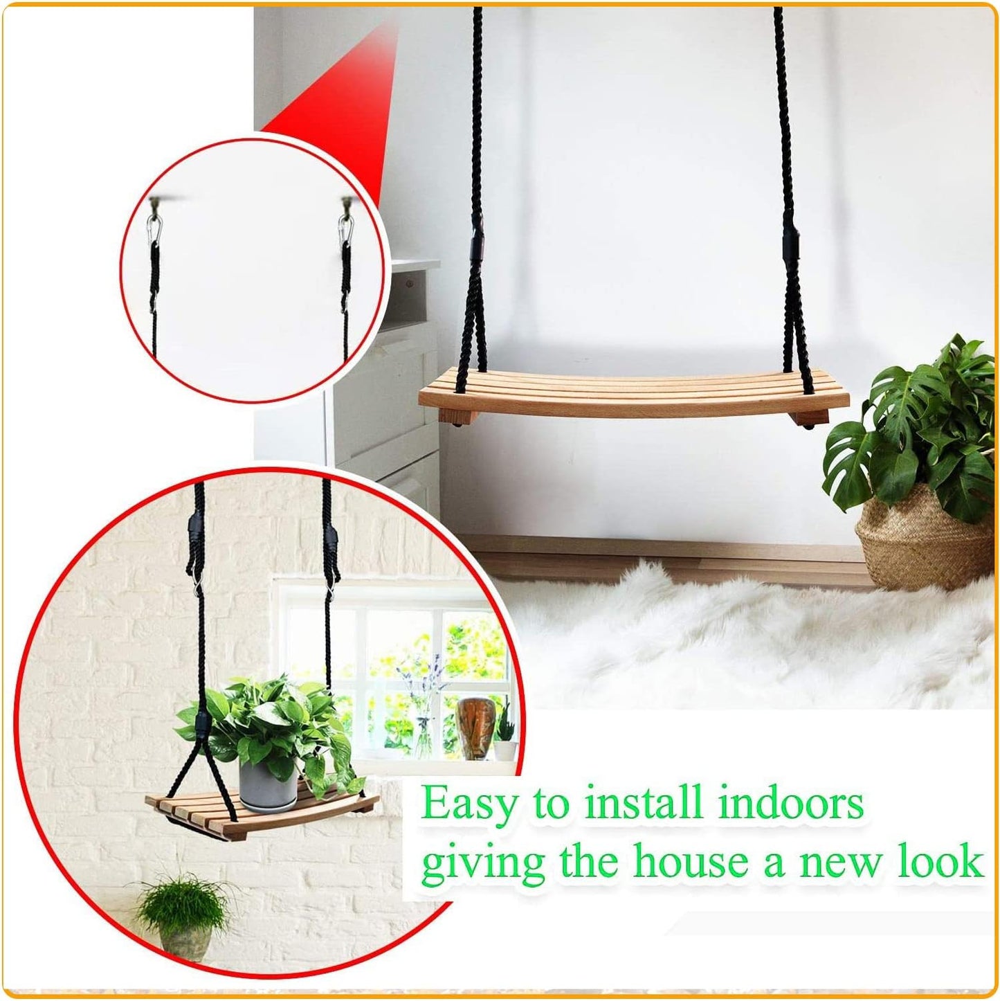 Taeku Adult Tree Swing, Hanging Beech Wood Swings with Adjustable Rope Garden Chair Seat Swing for Indoor Outdoor (26''x12'')