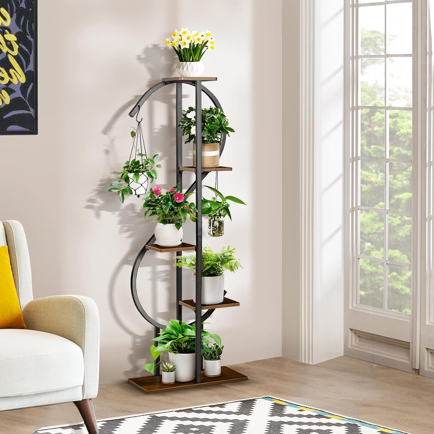 5-Tier Indoor Plant Stand, S-Shaped Corner Plant Stand with hanging Hooks & Gardening Tools, Aesthetic Tall Plants Shelf for Multiple Plants Flower Pot, Outdoor Plant Holder in Patio Balcony