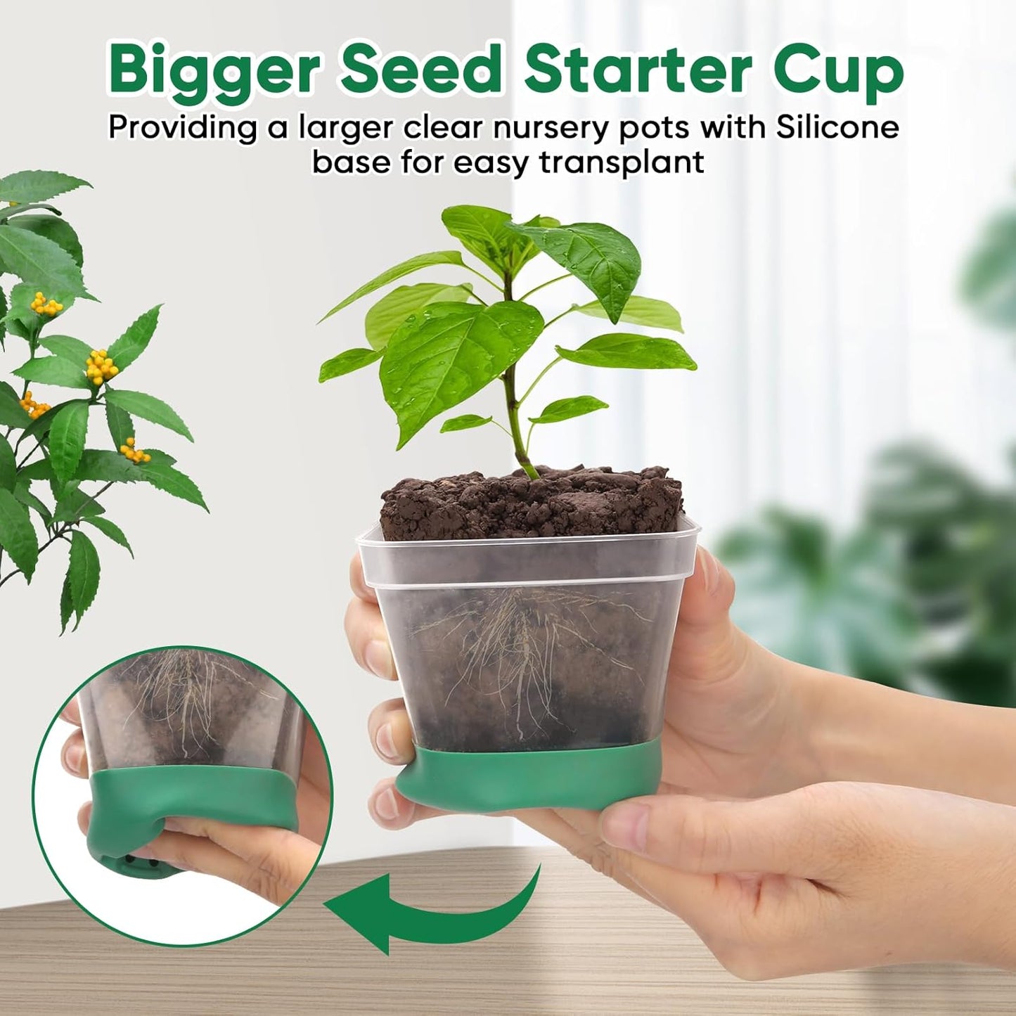 BlumWay Seed Starter Tray with Grow Light,24 Pack 2.9 inch Reuseable Clear Nursery Pots with Silicone Base/Humidity Dome for Deep-Rooted Seedlings,Adjustable Timed Light Plant Starter Set