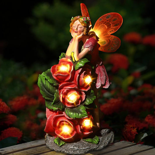 Solar Garden Outdoor Statues Cute Flower Fairy with 7 LED Solar Figurine for Lawn,Patio, Balcony, Yard Unique Housewarming Gift, for Woman, Mom, Grandma
