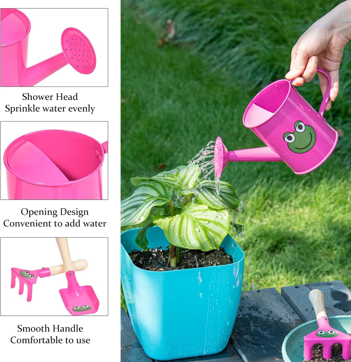 Sungmor Small Watering Can Set Cute Little Gardener Kit | Package Includes 3PC Rose Red Frog Watering Can & Trowel & Rake Gardening Hand Tools | Perfect for Garden,Yard or Beach