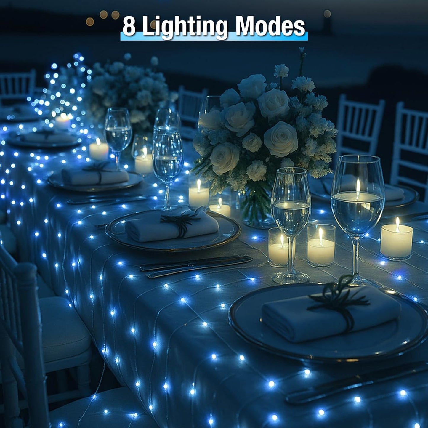 4 Pack Solar String Lights Outdoor - 320LED 132FT Solar Fairy Lights Waterproof 8 Modes, Copper Wire Solar Powered Twinkle Lights for Outside Tree Garden Christmas Wedding Party Decor, Blue White