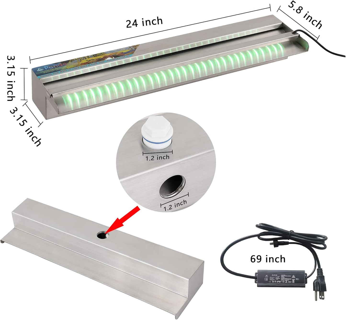 YUDA 24'' Stainless Steel Waterfall Pool Fountain with SMD LED 7 Color Changing and Remote, Lighted Waterfall Spillway for Sheer Descent Garden Outdoor