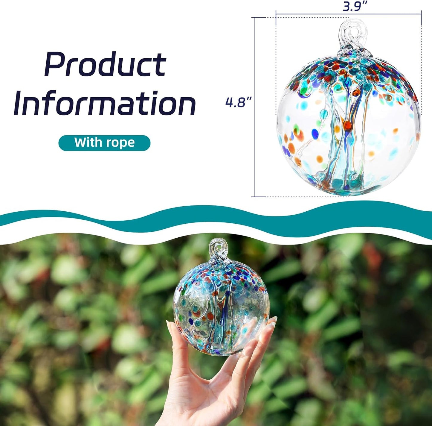 VOREEN 4" Hanging Glass Garden Gazing Ball Hand Blown Glass Witch Ball Christmas Ornament Friendship Balls for Outdoor Garden Patio Window Home Décor, Gift for Mom Wife Friend, Teal Blue