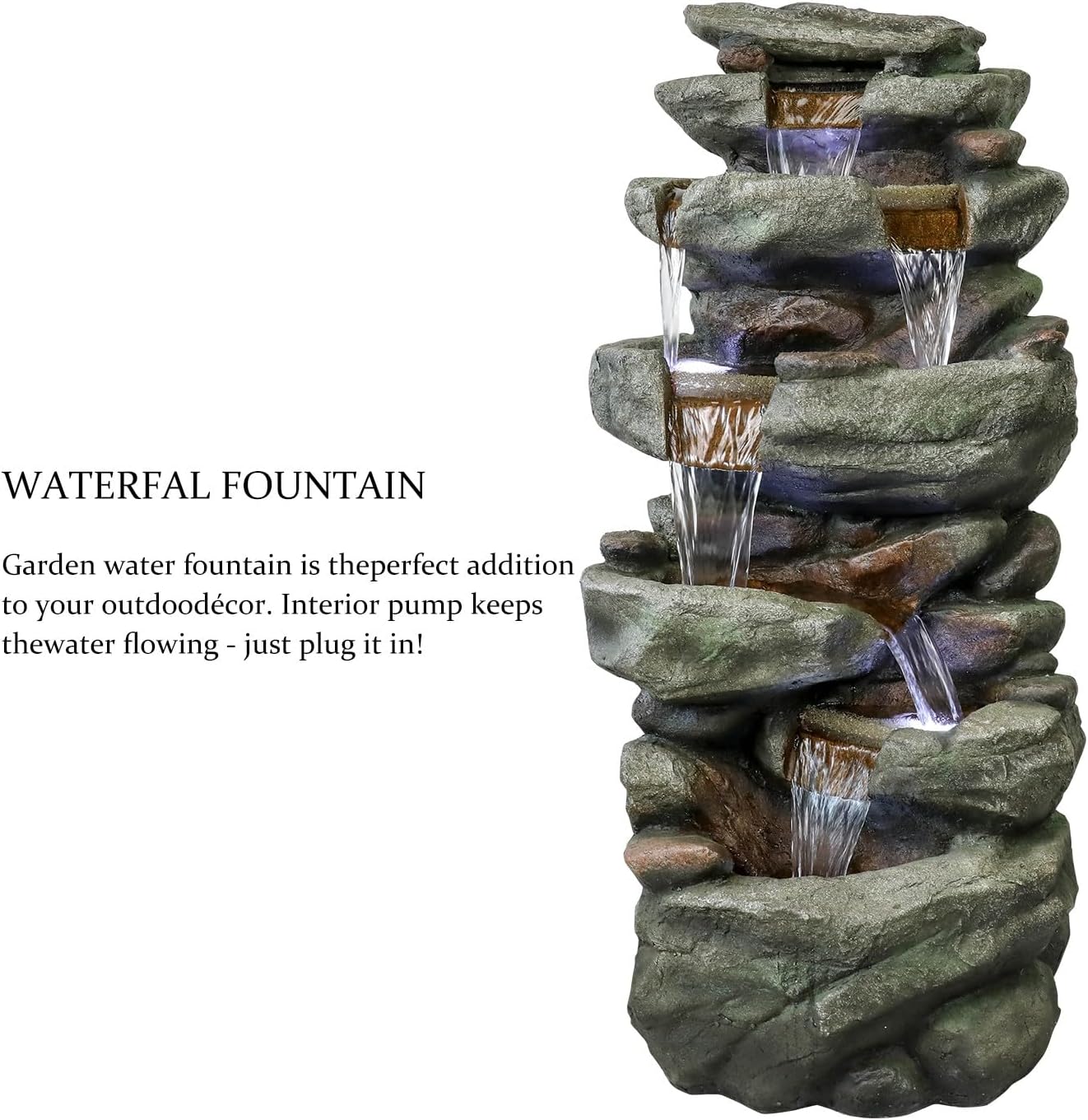SunJet 40.5” High Rocks Outdoor Water Fountain - 6-Tiers Cascading Waterfall with LED Lights, Soothing Tranquility for Home Garden, Yard Decor