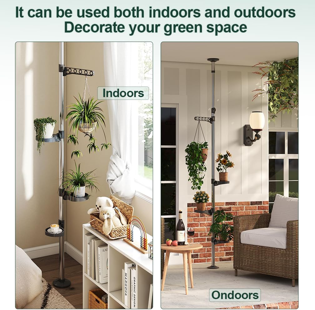 Hershii 5-Layer Indoor Plant Stand Pole Spring Tension Rod Corner Flower Display Rack Holder Adjustable Telescopic Floor to Ceiling Shelf Space Saving - Grey