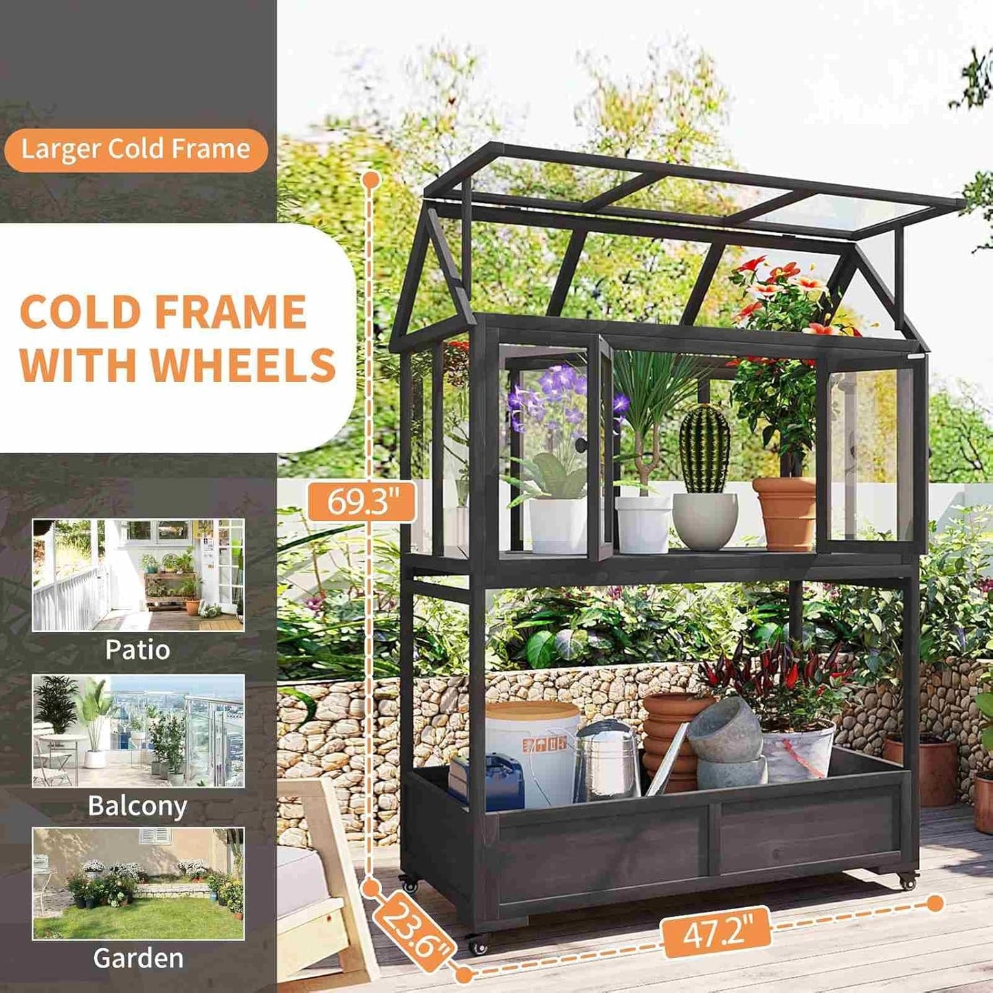 Wooden Cold Frame Greenhouse with Wheels, Portable Fir Garden Plant House with Storage Box, Openable Roof for Seedlings, Herbs, Winter Crops, Perfect for Patio, Balcony, Garden