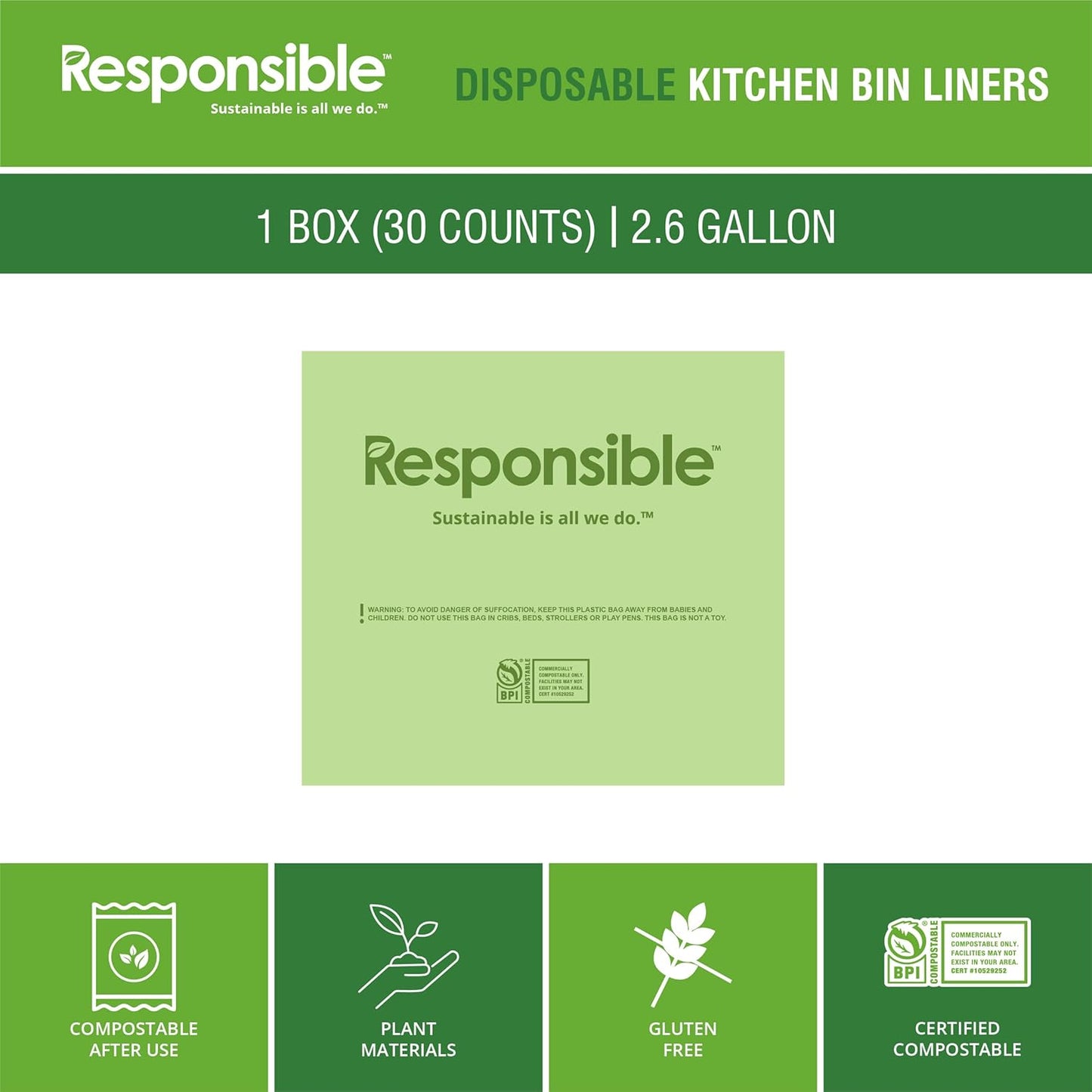 Kitchen Bin Liners, Certified Compostable, Heavy Duty Multipurpose Food Scrap Bags, Made from Compostable Materials (2.6 Gallon Flat Top, 2.6 Gallon (30 Count))