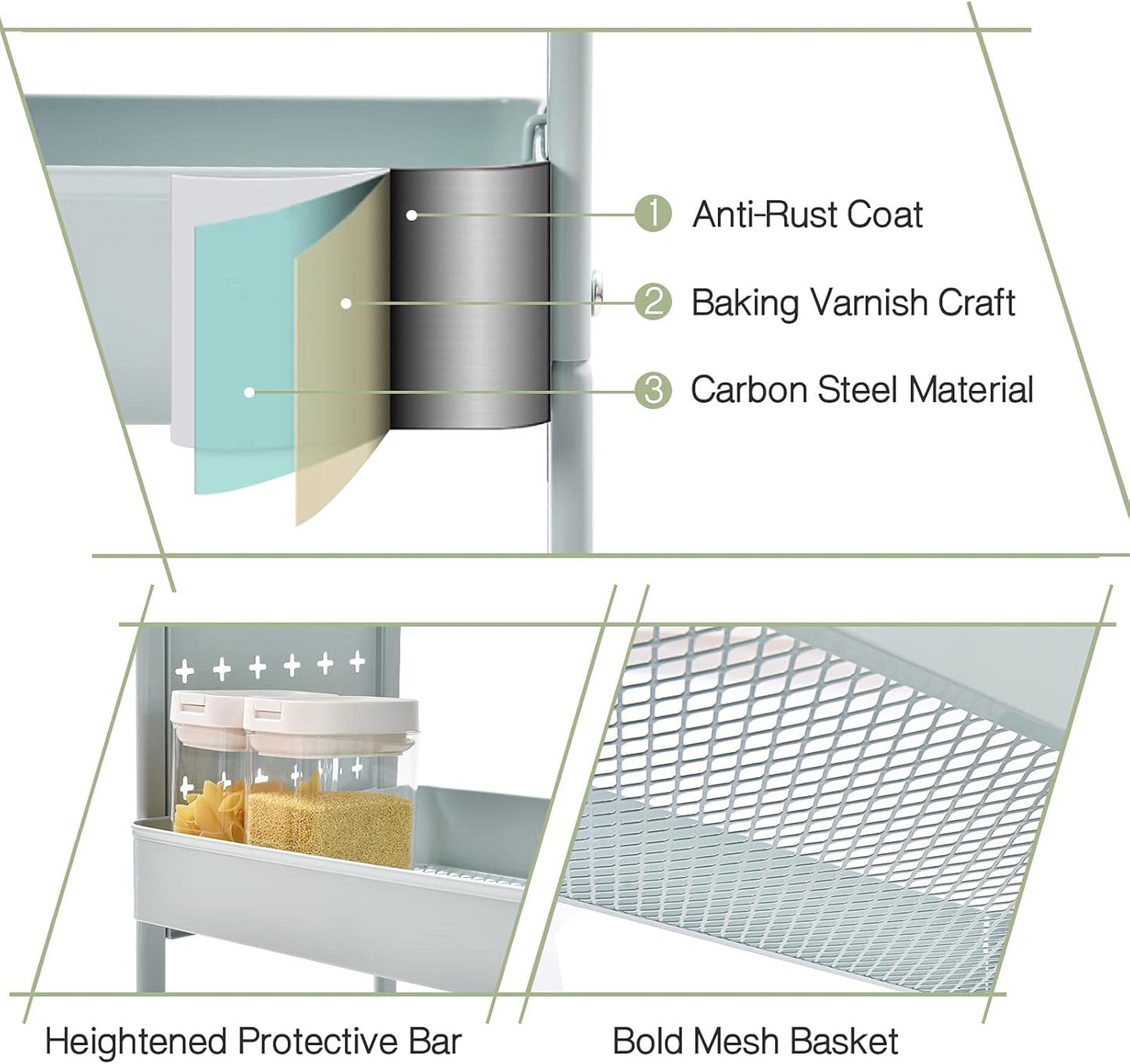 TOOLF 3-Tier Rolling Cart, Metal Utility Storage Cart with DIY Pegboards, Art Craft Trolley with Baskets Hooks, Serving Organizer Easy Assemble for Office, Home, Kitchen, Classroom (Green)