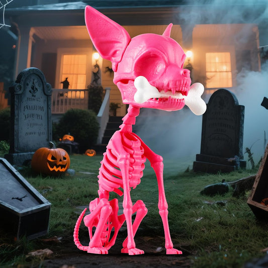 Quntis Halloween Skeleton Dog Decor - 15inch Pink Cute Puppy Bones - Realistic ABS Animal Skeleton for Outdoor Indoor Graveyard Party Display, 2025 Showstopper Halloween Decorations