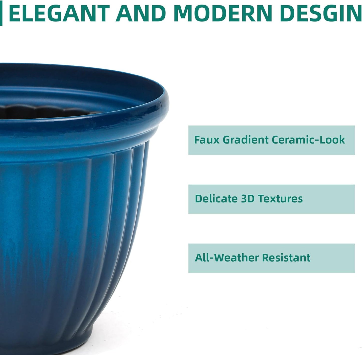 15" Outdoor Large Flower Pots (Set of 2), Gradient Blue Plastic Planters with 3D Texture, Weather-Resistant for Garden, Patio, Porch or Indoor Use