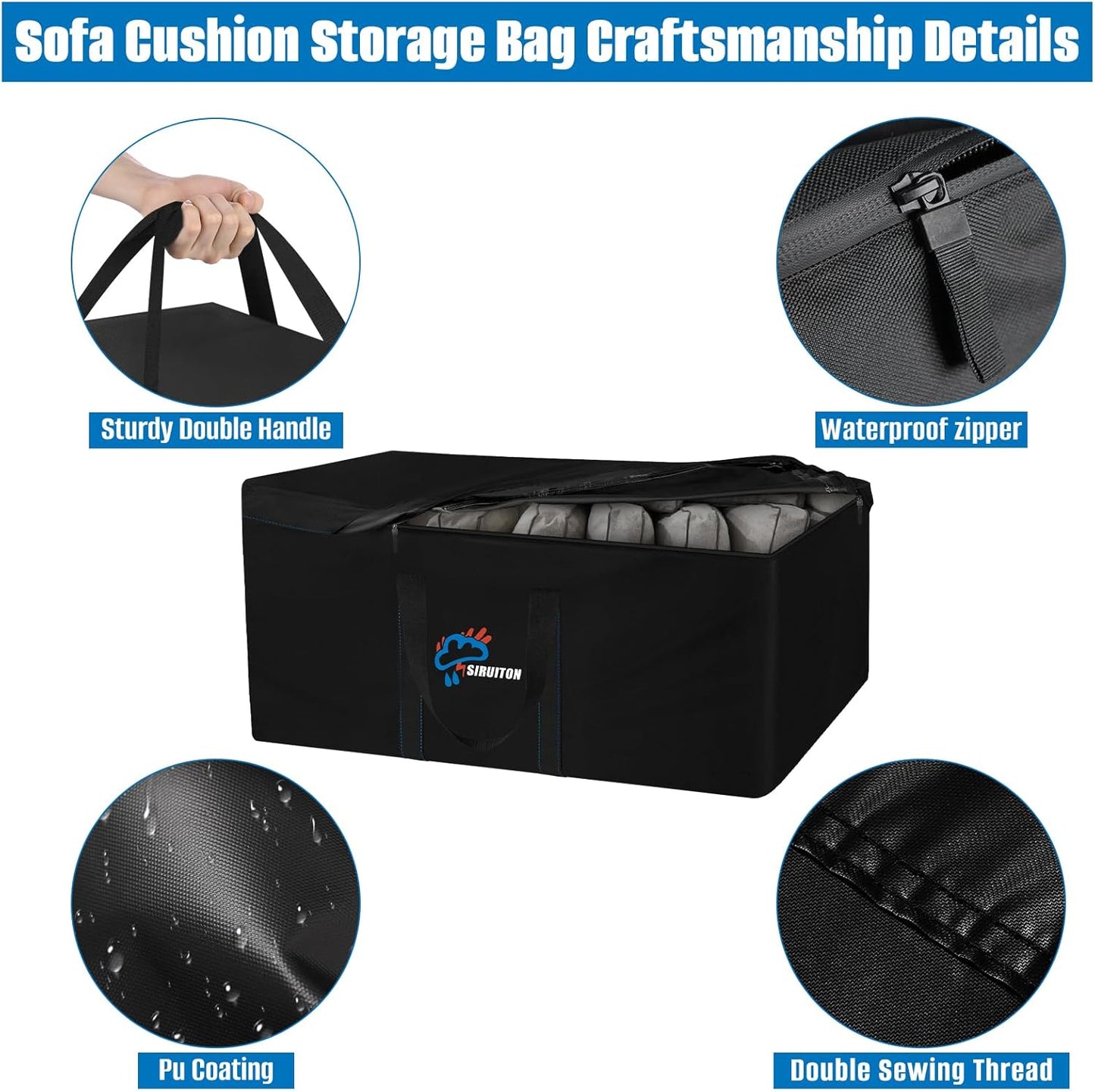 SIRUITON 51.2”L x 15.7”W x 23.6”H Outdoor Cushion Storage Bag,Patio Furniture Cushion Storage Bag,Heavy Duty Rip Proof 600D Oxford,with Handle and Zipper of Waterproof Garden Cushion Storage Covers
