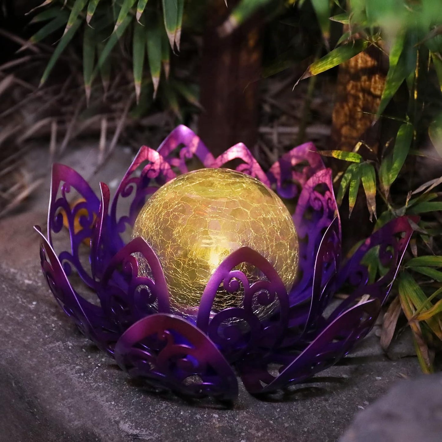Bshine Solar Outdoor Garden Lotus Decorative Light, Waterproof Metal Cracked Glass Globe LED Lotus Light for Tabletop Decor, Walkway, Lawn Ornaments and Garden, Housewarming Gift (Purple)