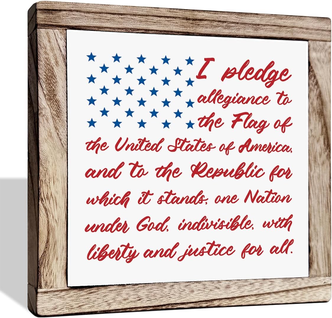 Patriotic Plaque Sign, I Pledge Allegiance to the Flag of United States of America, Wood Box Plaques Desk Decor, American Flag Wooden Sign, 4th of July Decoration, Independence Day Decor