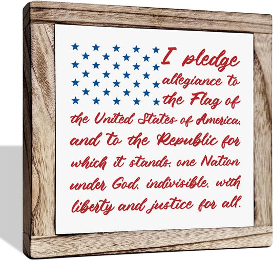 Patriotic Plaque Sign, I Pledge Allegiance to the Flag of United States of America, Wood Box Plaques Desk Decor, American Flag Wooden Sign, 4th of July Decoration, Independence Day Decor