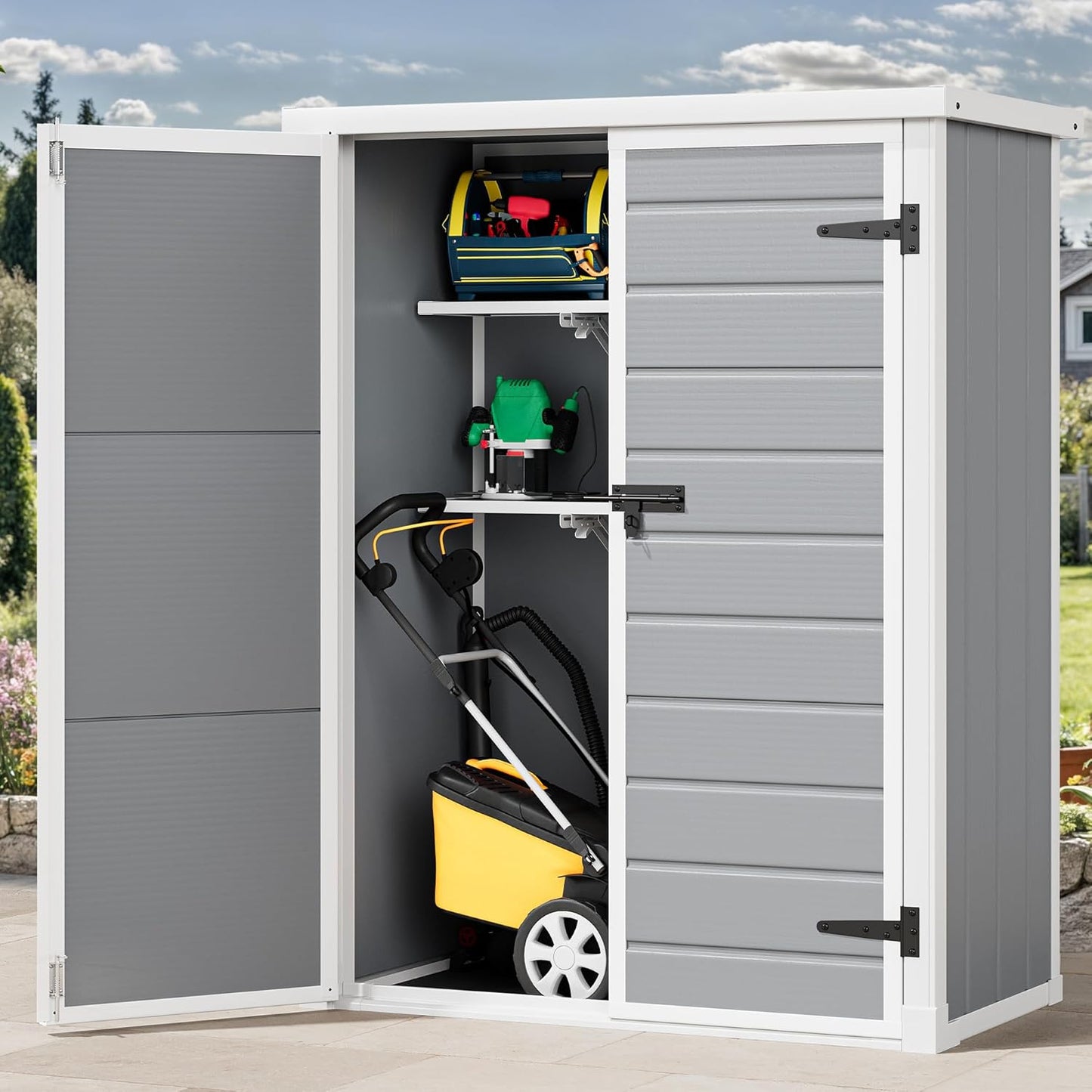 DWVO Outdoor Vertical Storage Shed with 2 Shelves, 49 Cu Ft Waterproof Resin Garden Shed with Floor & Lockable Door, Plastic Tall Tool Cabinet for Garbage Cans, Lawn Equipment, Garden Supplies (Gray)